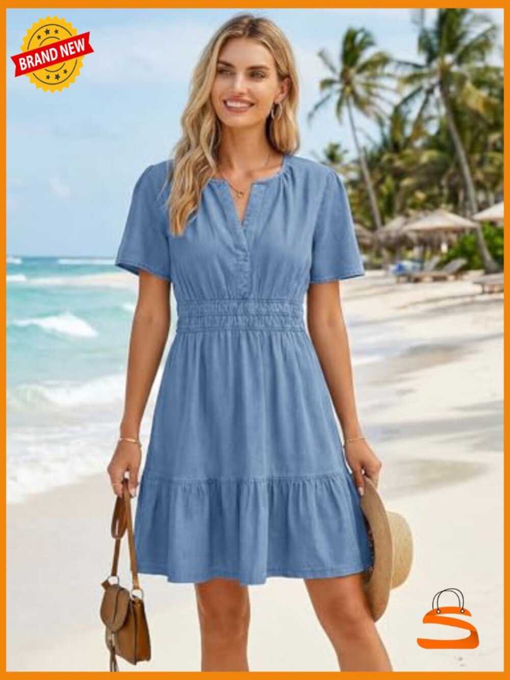 Sleeveless Denim Dress Soft Lightweight A-Line Mini with Pockets - Picture 5 of 6